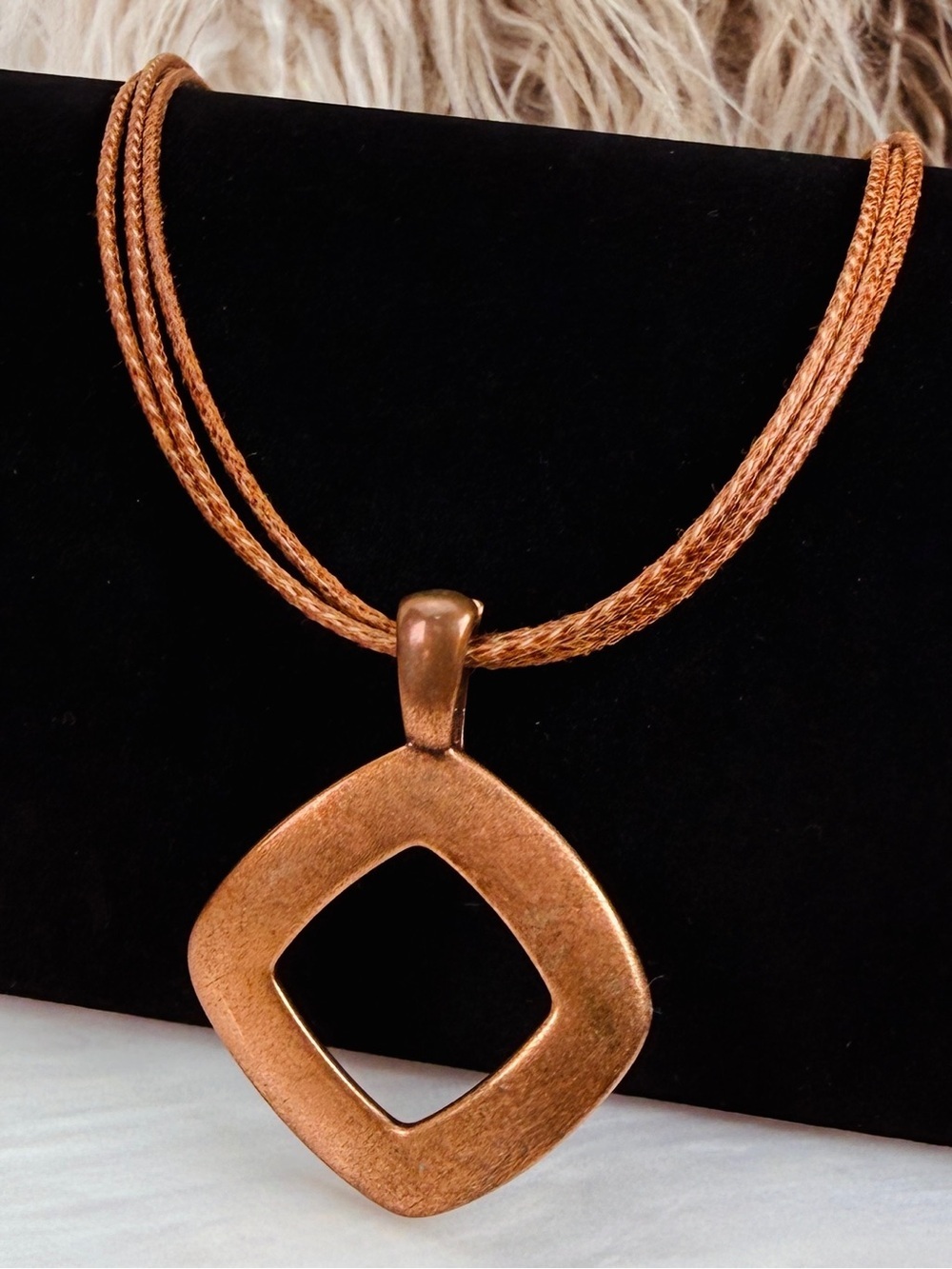 Vintage, aged, copper toned modernist pendant with necklace